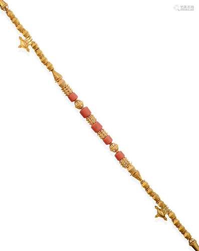 A Fancy Link Coral Necklace, the box link chain with movable yellow faceted and beaded links