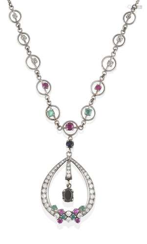 A Ruby, Sapphire, Emerald and Diamond Necklace, an eight-cut diamond set loop with an oval cut