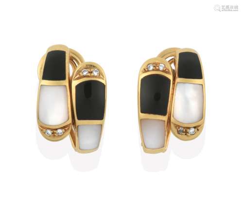 A Pair of Enamel, Mother-of-Pearl and Diamond Earrings, formed of two graduated bands composed of