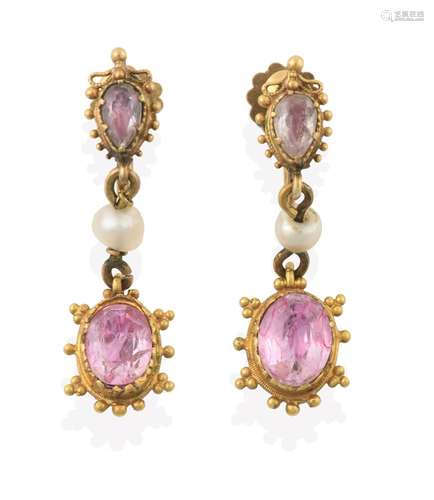 A Pair of Early 19th Century Pink Tourmaline and Seed Pearl Drop Earrings, the oval cut pink