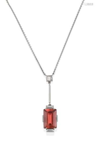 A Tourmaline and Diamond Necklace, the step cut pinky-brown tourmaline in a white claw setting,