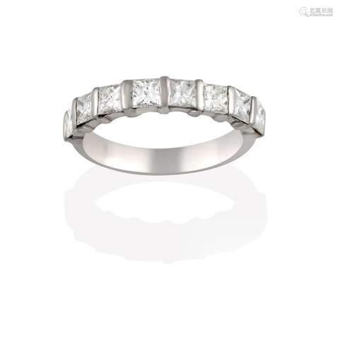 A Diamond Half Hoop Eternity Ring, the princess cut diamonds spaced by white bars, to a plain