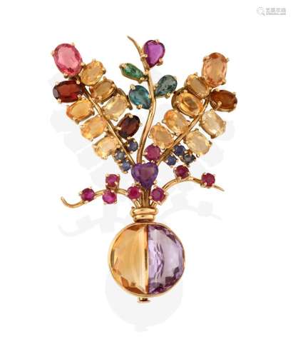 A Multi-Gemstone Brooch, by Mingardo, of giardinetto design, the vase formed of half amethyst and
