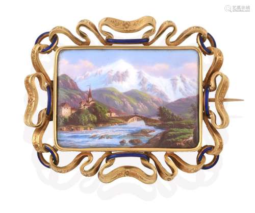 A Victorian Swiss Enamel Brooch, mid 19th century, the rectangular enamel plaque depicting a Swiss