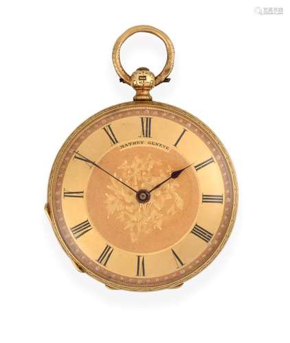 An 18 Carat Gold Fob Watch, signed Mathey, Geneve, circa 1870, gilt finished bar cylinder