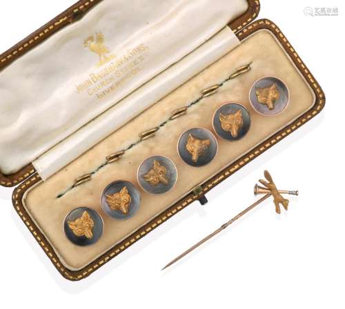 A Cased Set of Six Edwardian Mother-of-Pearl Fox Mask Buttons, each circular plaque formed of grey
