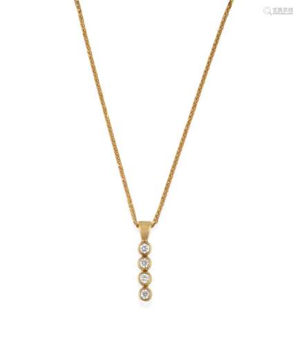 A Diamond Pendant on Chain, four articulated round brilliant cut diamonds in yellow rubbed over