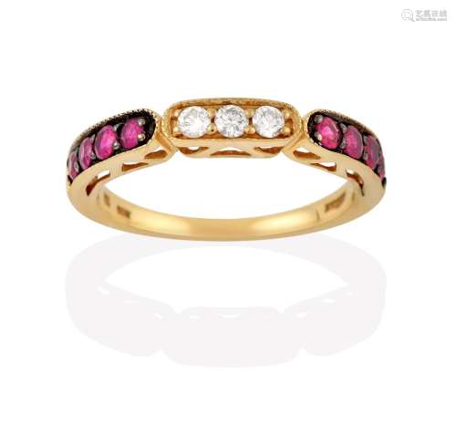 A Ruby and Diamond Half Hoop Ring, by LeVian, three round brilliant cut diamonds flanked by four