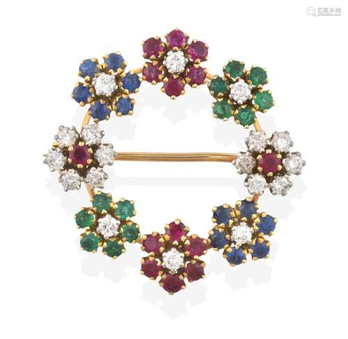 A Sapphire, Ruby, Emerald and Diamond Brooch, six round cut sapphire, ruby and emerald clusters with