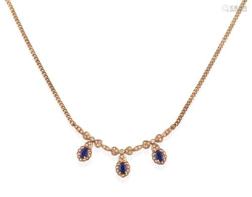 A Sapphire and Diamond Necklace, a central panel formed of three ribbon bow drops composed of oval