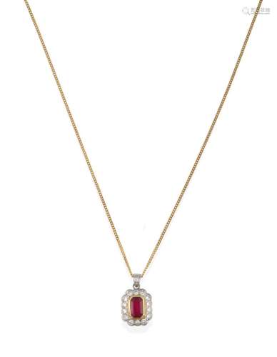 An 18 Carat Gold Synthetic Ruby and Diamond Cluster Pendant on Chain, the emerald-cut synthetic ruby