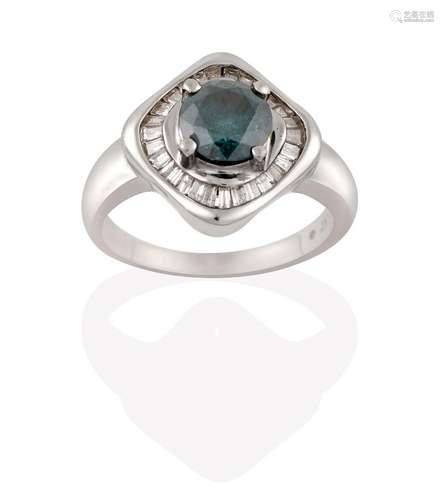 A Zircon and Diamond Cluster Ring, the blue-green zircon in a white claw setting, within a border of