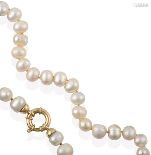 A Single Row Cultured Pearl Necklace, the forty-four irregular shaped cultured pearls knotted to a