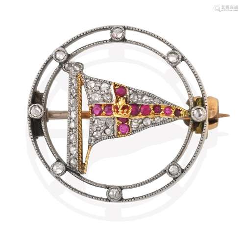 An Edwardian Diamond and Ruby Brooch, of yachting interest, the circular openwork frame with a