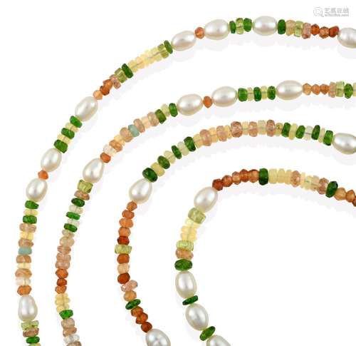 A Multi-Gemstone Bead Necklace, cultured pearls spaced by chrome diopside, fire opal, opal, peridot,