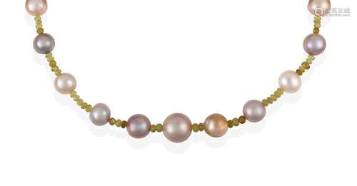 A Titanite and Cultured Pearl Necklace, faceted titanite roundel beads spaced by cultured pearls,