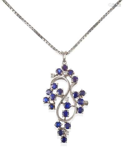 A Sapphire and Diamond Pendant on Chain, the abstract swirl motif pendant set throughout with