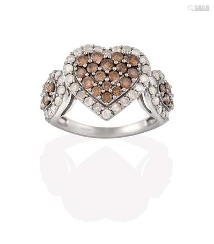 A 9 Carat White Gold Diamond Cluster Ring, the heart motif with round brilliant cut cognac