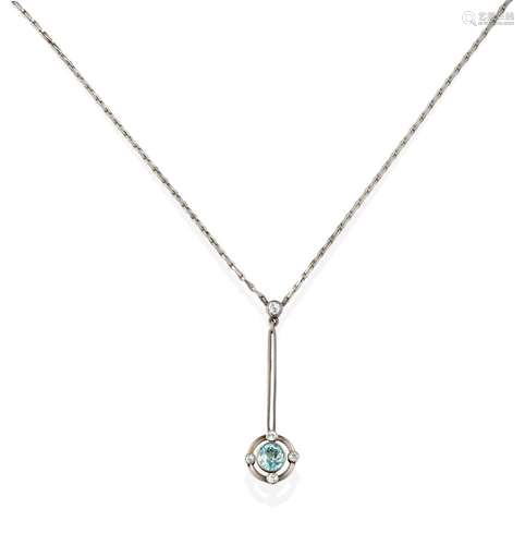 A Blue Topaz and Diamond Necklace, the round cut blue topaz to a spaced border with four old cut