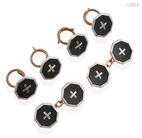 An Onyx Cufflink and Button Set, a pair of cufflinks and four buttons, of octagonal onyx form within