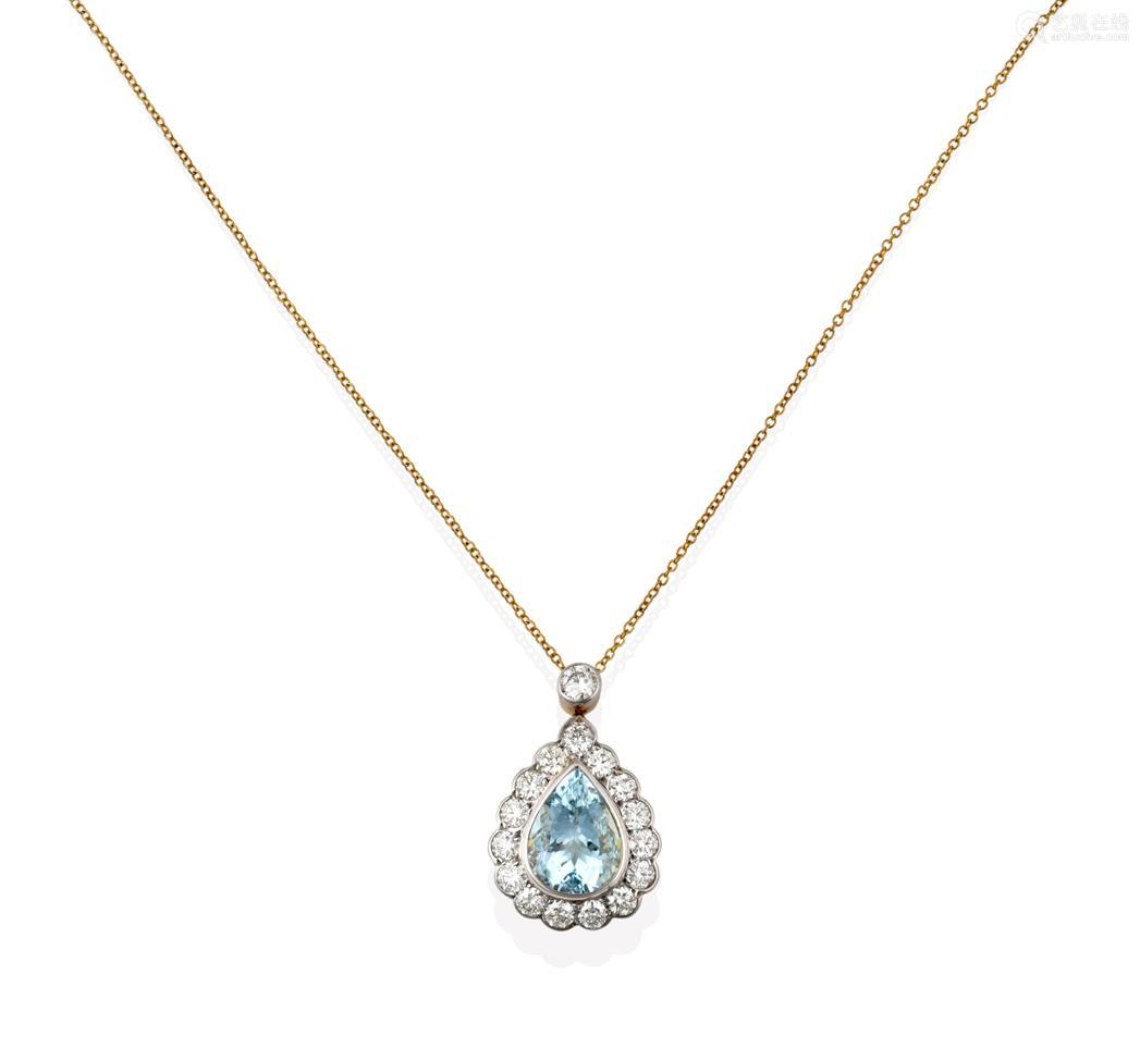 An Aquamarine and Diamond Cluster Pendant on Chain, the pear cut ...