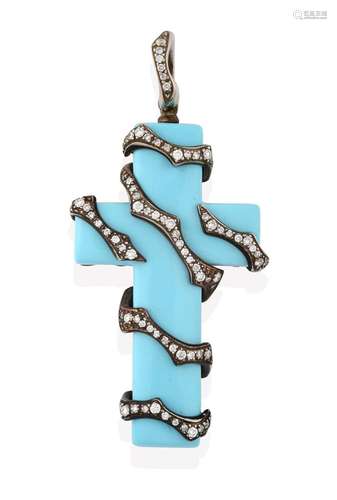 A Turquoise Coloured Glass and Diamond Cross Pendant, by Gavello, the turquoise coloured glass cross