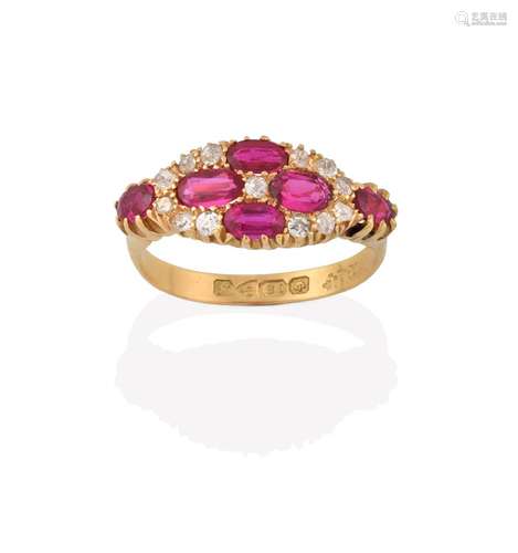 An 18 Carat Gold Synthetic Ruby and Diamond Cluster Ring, four oval cut synthetic rubies with an old