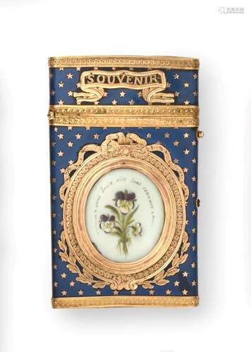 A Louis XVI Gold-Mounted Carnet-de-Bal, Circa 1770, tapering, the blue lacquer ground set with