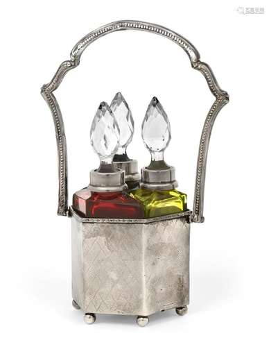 A Set of Three Silver-Mounted Glass Scent-Bottles in Stand, The Stand Maker's Mark L&N, The Stand