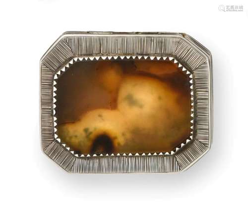 A George II Silver-Mounted Moss Agate and Mother-of-Pearl Snuff-Box, Apparently Unmarked, Probably