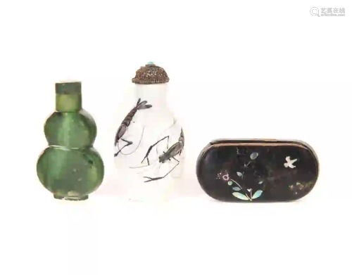 3 Chinese Porcelain Decorated & Jade Snuff Bottles