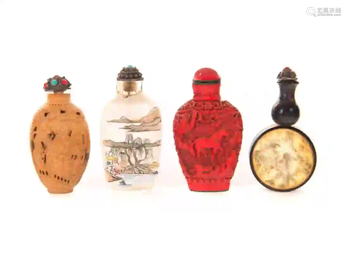 4 Chinese Scrimshaw Cinnabar Snuff Bottles