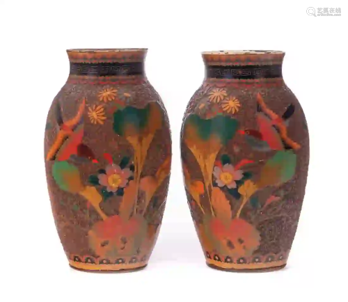 Pr Japanese Porcelain Cloisonne Tree Bark Vases