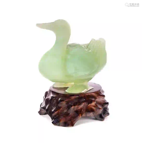 Japanese Jade Duck Sculpture on Stand