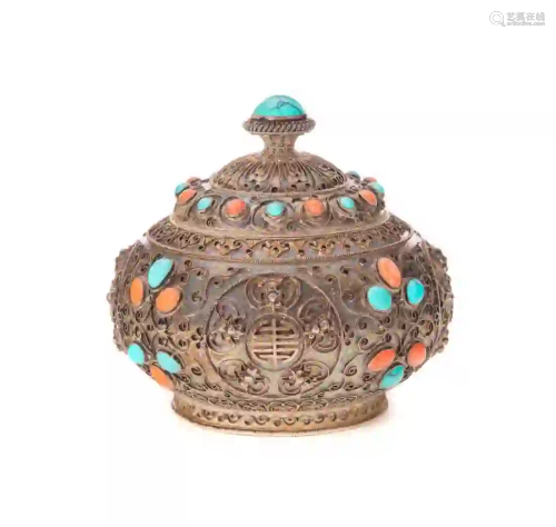 Fine Solid Silver Asian Turquoise Jar