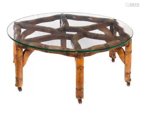 Chinese Bamboo Carved Table with Round Glass Top