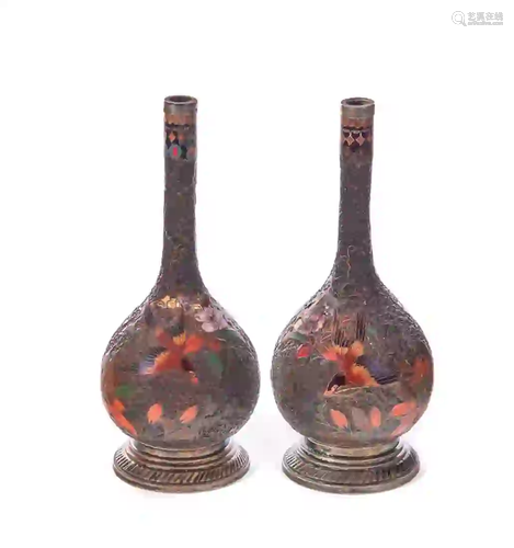 Silver Mounted Japanese Cloisonne Tree Bark Vases