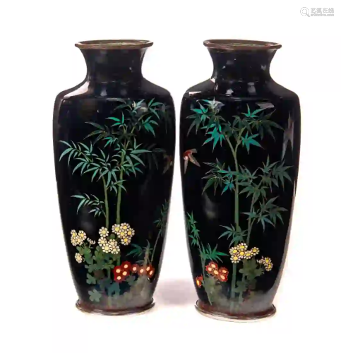 Fine Pair Japanese Silver Cloisonne Vases