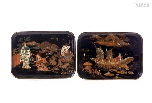 2 Hand Painted Lacquerware Trays