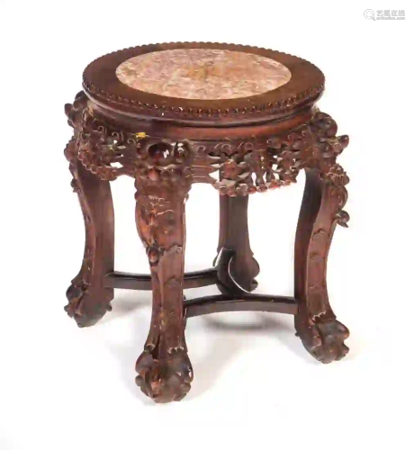 Chinese Carved Rosewood Pink Marble Top Stand
