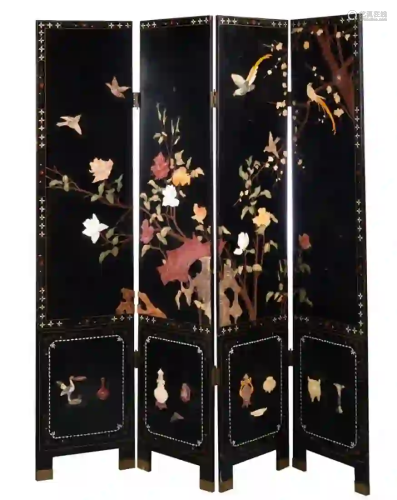 Chinese black lacquer Hard Stone and Jade Screen