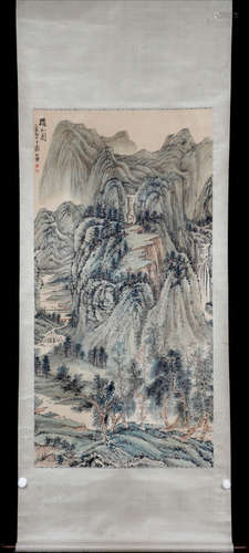 Chinese Ink And Color Landscape Scroll Painting