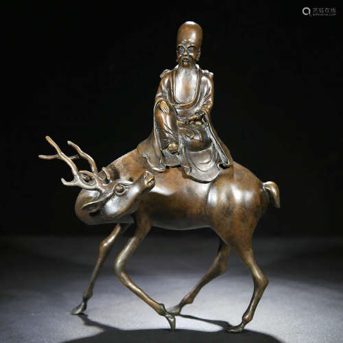 Chinese Bronze Immortal On Deer Censer