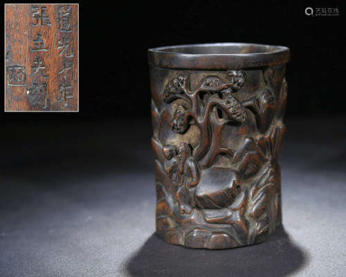 Chinese Hardwood Carved Brush Pot