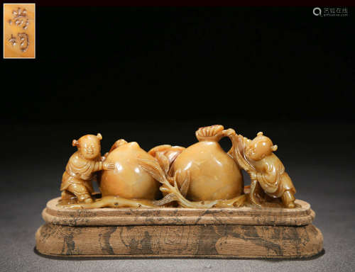 Chinese Soapstone Carved Boys And Peaches