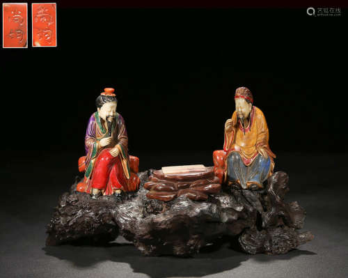 Chinese Polychrome Soapstone Carved Figurines