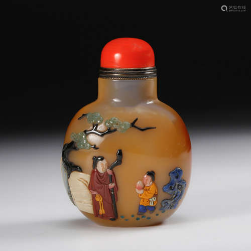 Chinese Agate Snuff Bottle With Inlaid