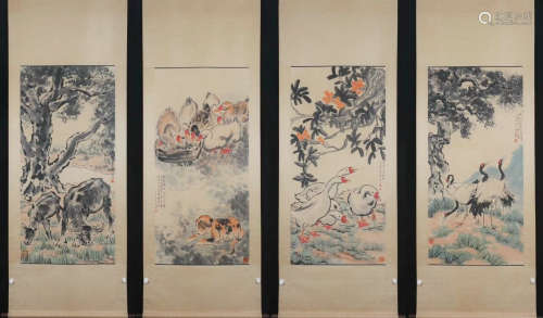 Chinese Set Of 4 Scroll Painting, Xu Beihong Mark