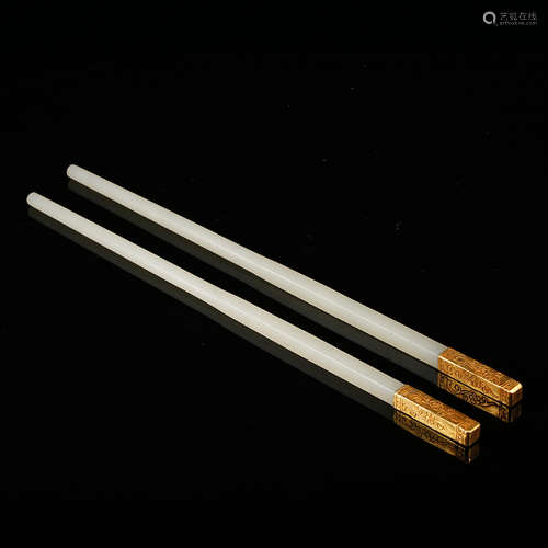 Chinese Pair Of White Jade Chopsticks