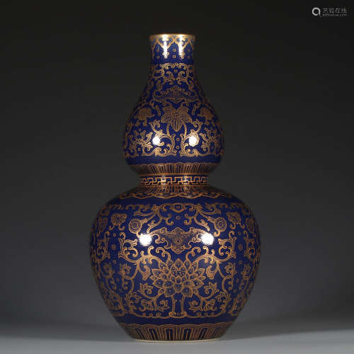 Chinese Gilded Blue Glazed Gourd Vase